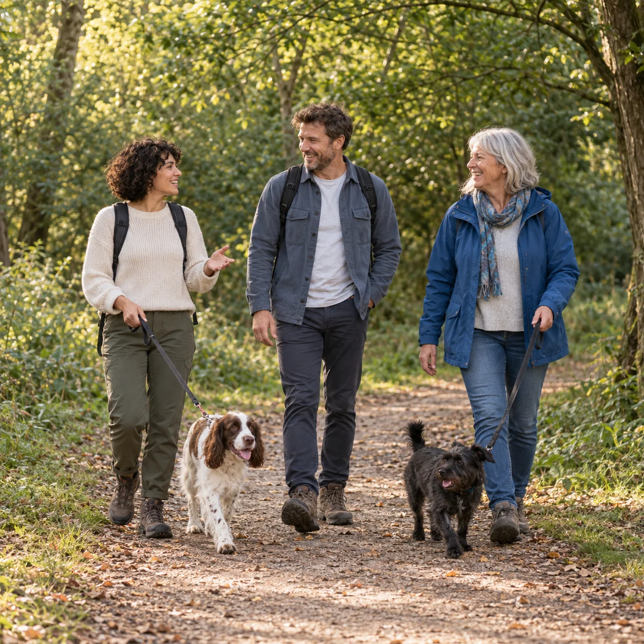 Three friends walking along a leafy trail with a spaniel and a terrier on leads