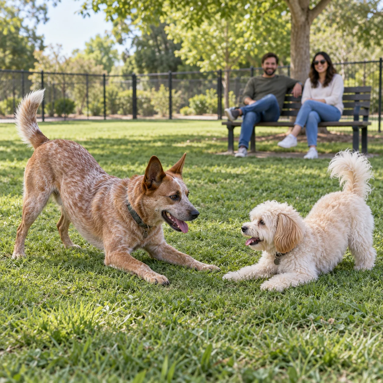 Two dogs enjoying a playdate on grass while their people supervise nearby