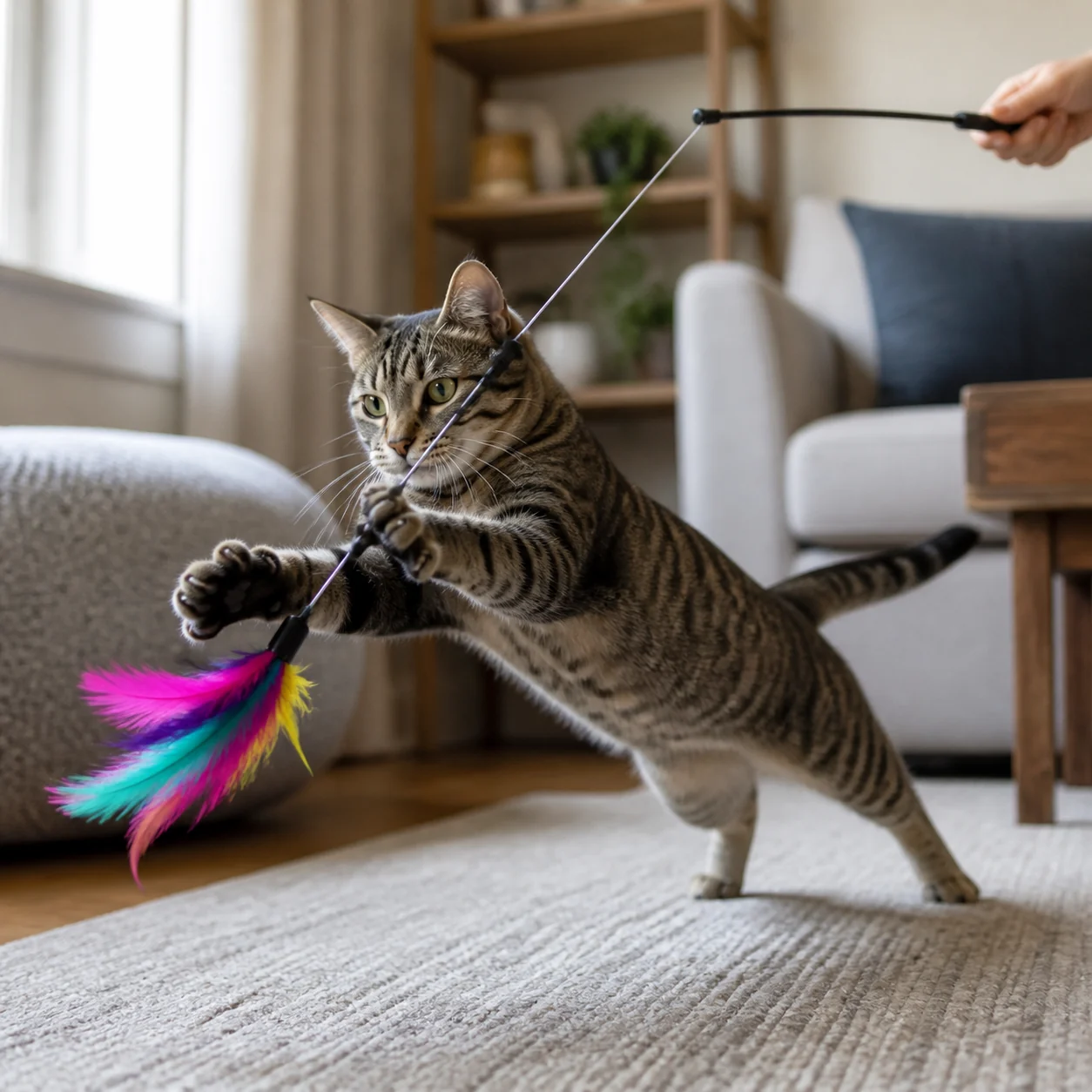 Cat leaping for a feather toy