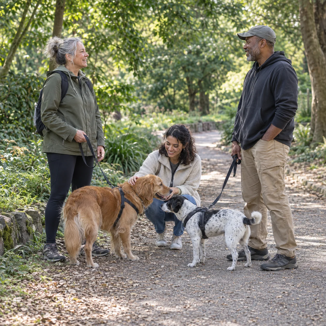 Three pet owners chatting on a park path while their dogs greet one another