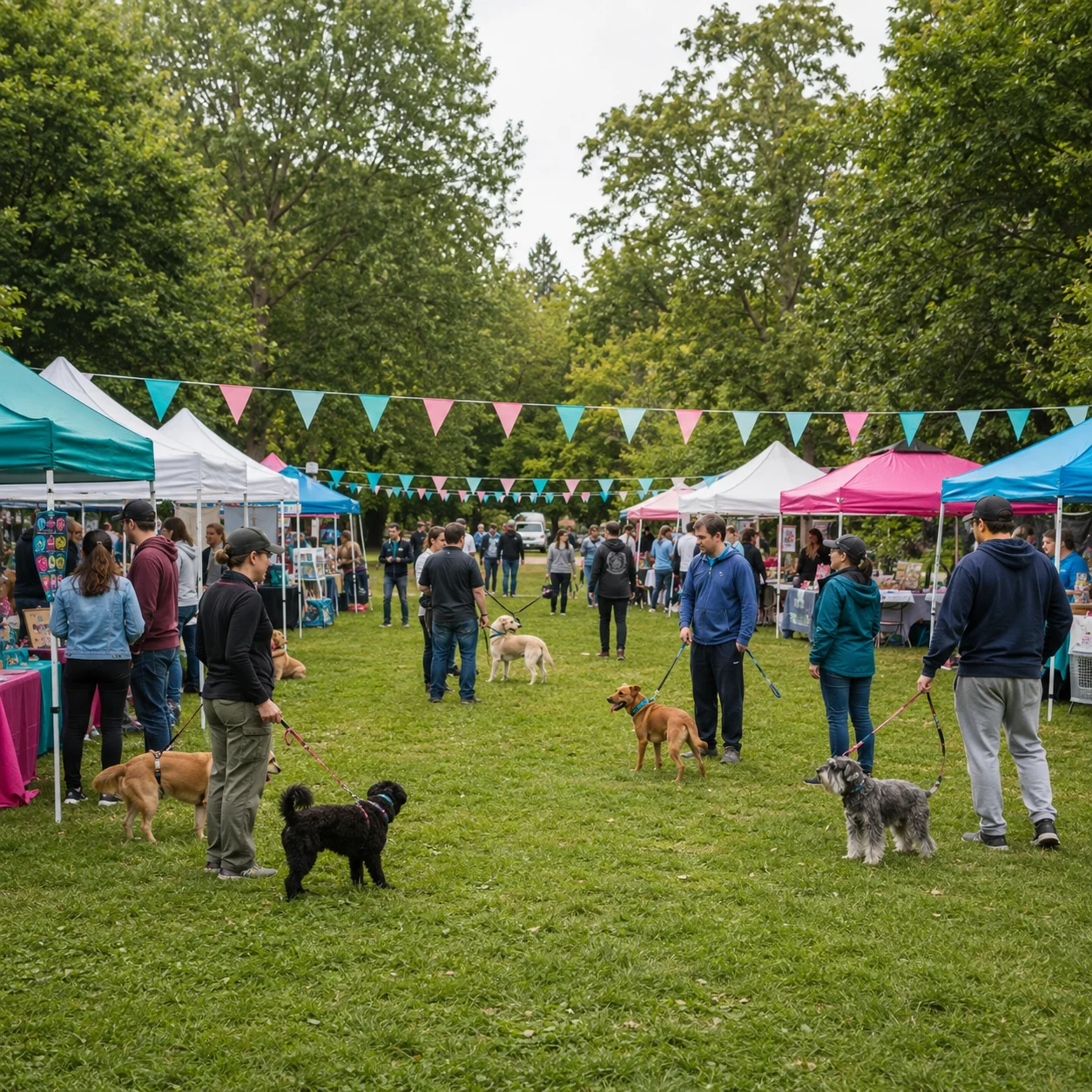 Pet owners and their dogs exploring stalls at an outdoor pet market