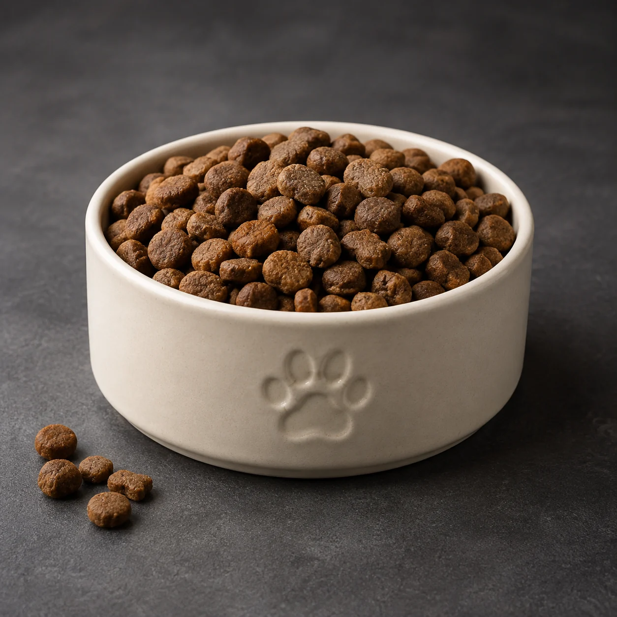 Pet food in a ceramic bowl