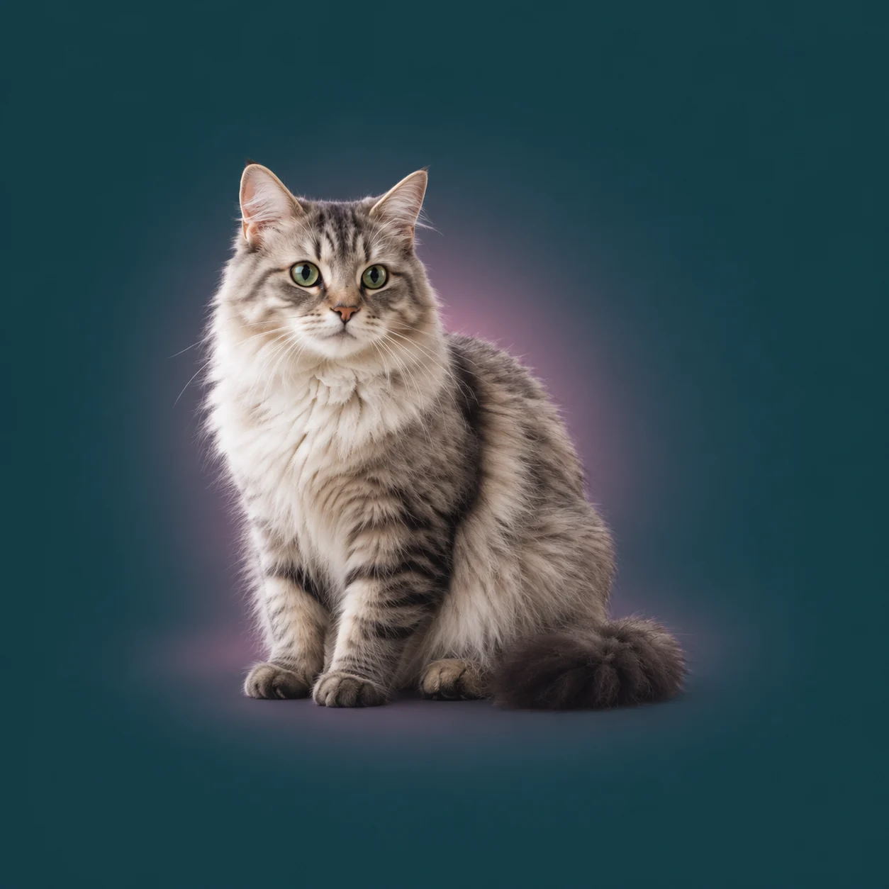 A fluffy gray cat sitting in its own soft pool of light