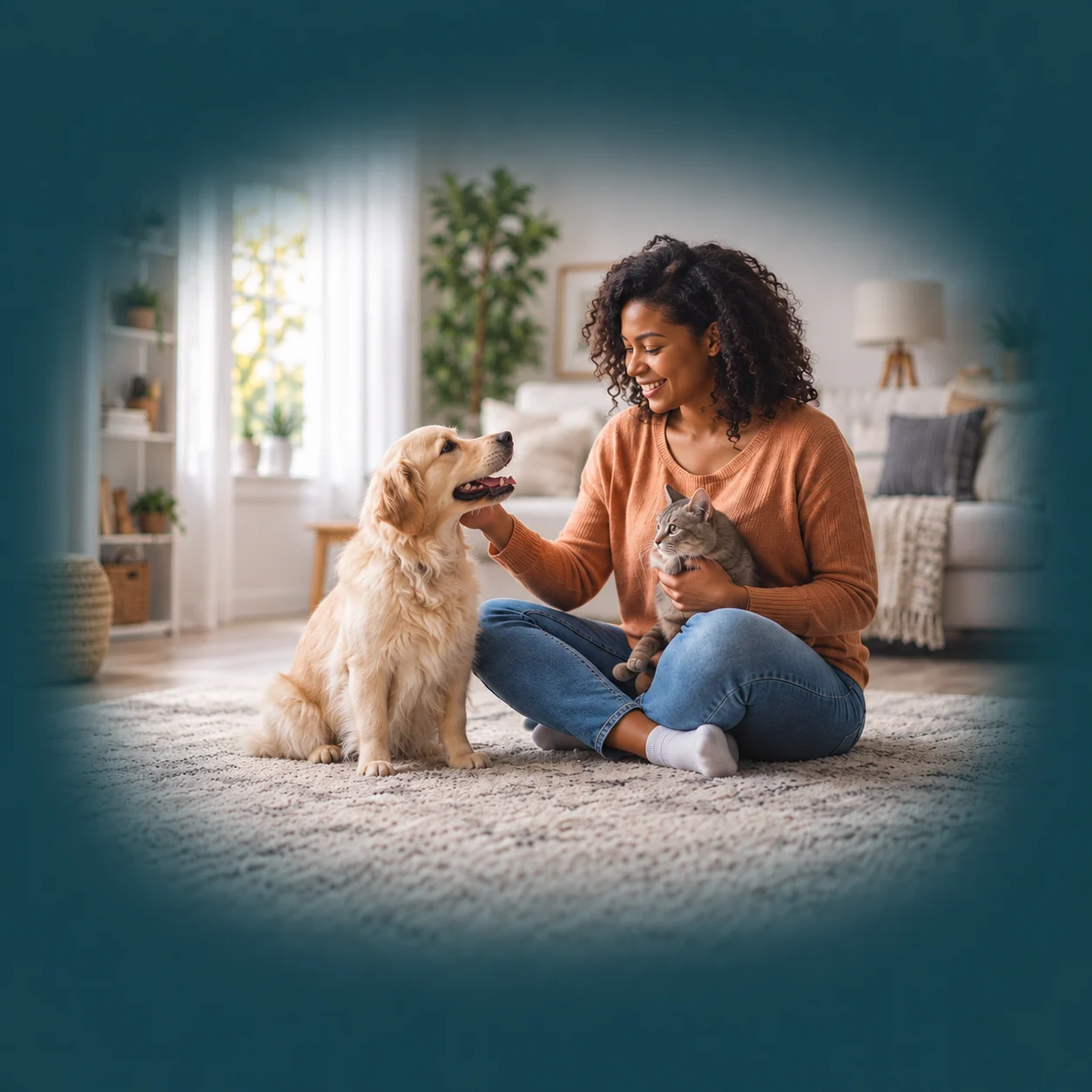 A woman seated with a cream dog and a cat in her lap in a softly lit room