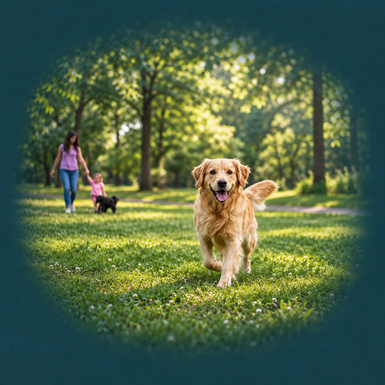 A golden retriever running through a leafy park, with a woman and child farther back
