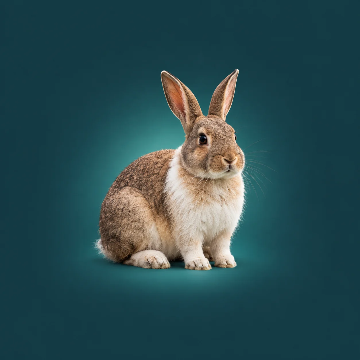 A brown rabbit sitting in its own soft pool of light