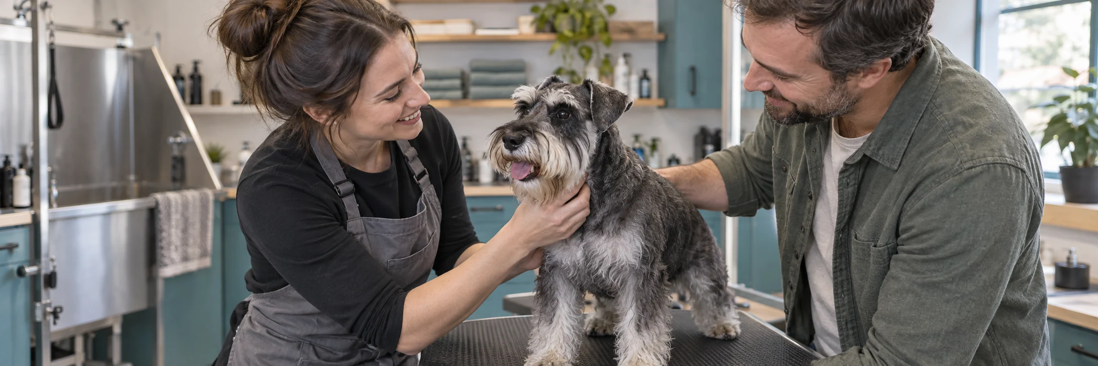A miniature schnauzer with a groomer and its owner in a grooming studio