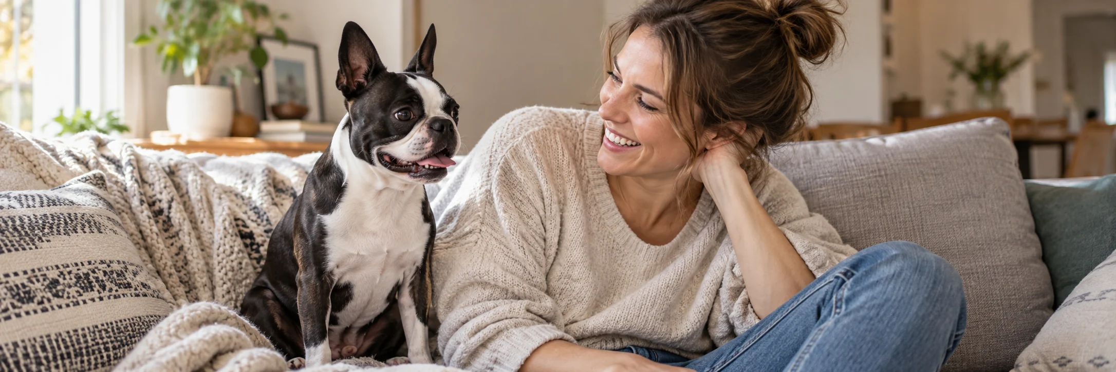 A black-and-white Boston terrier relaxing on a sofa with its smiling owner