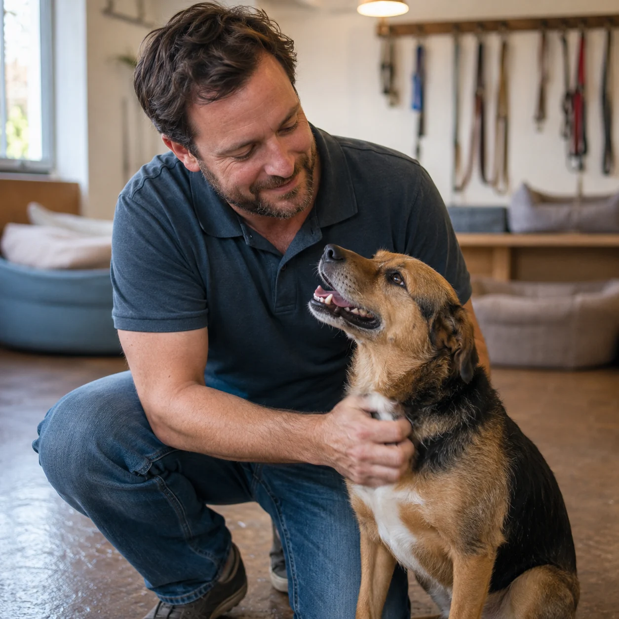 A man sharing a quiet moment with a dog