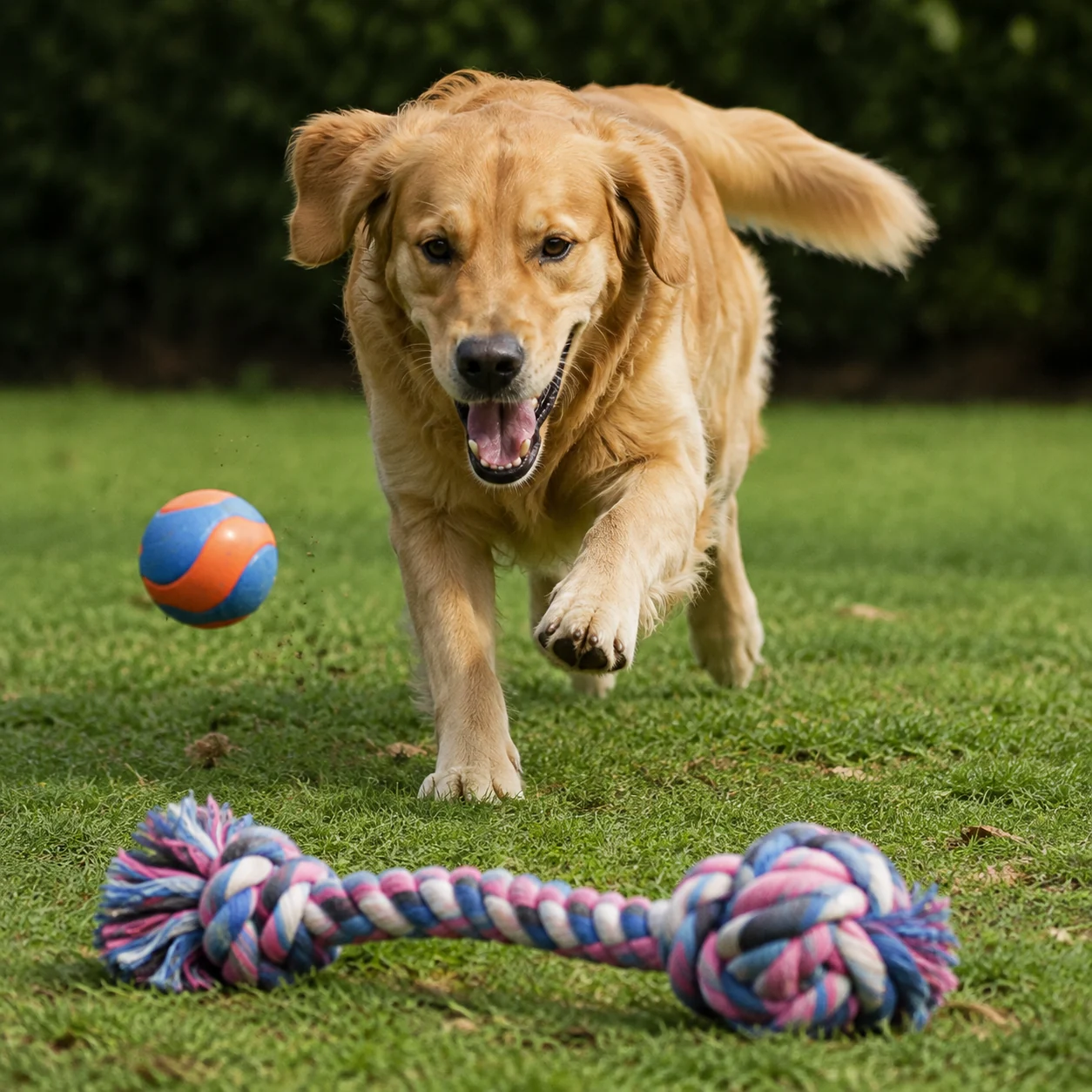 Golden retriever running toward its toys