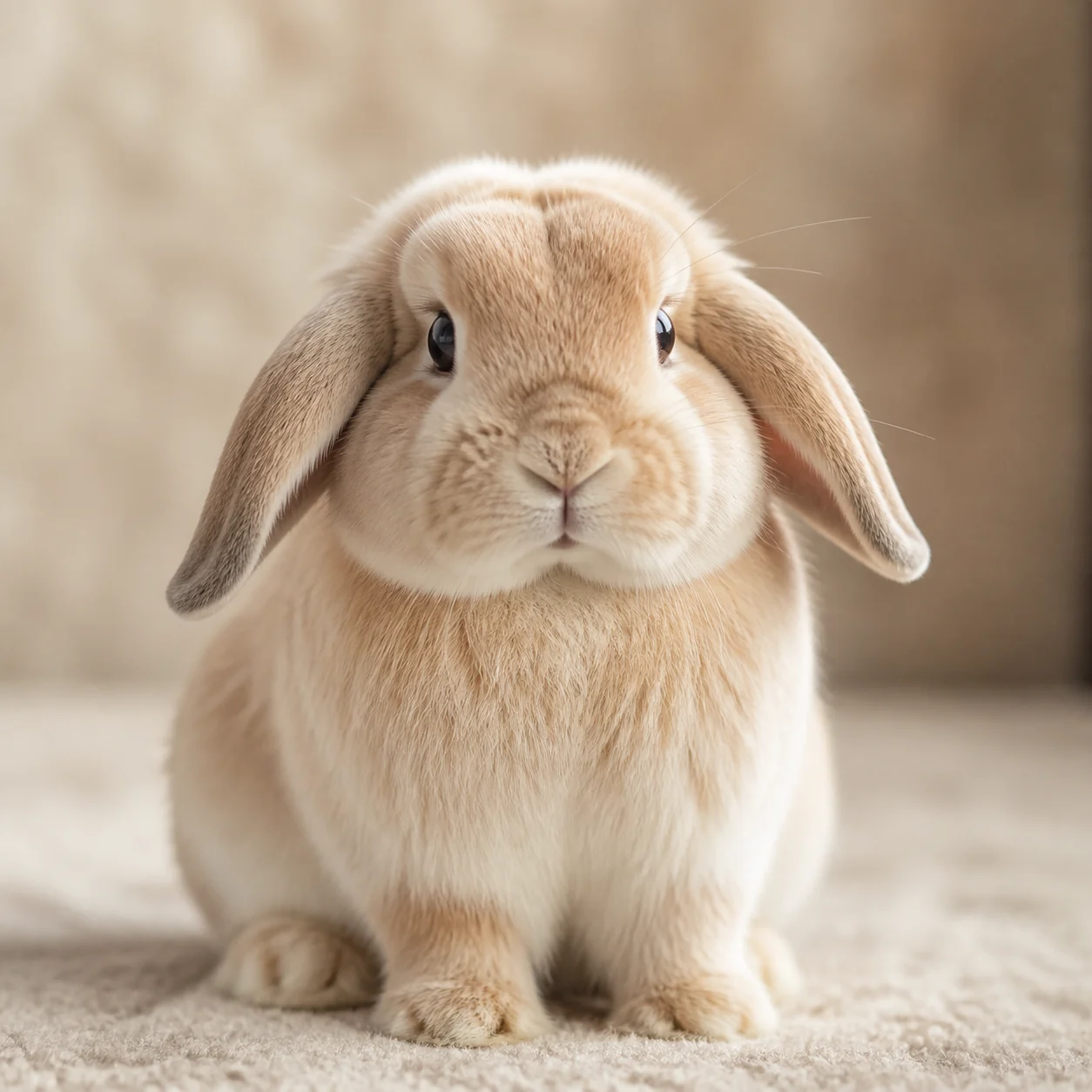 A lop-eared rabbit sitting on a soft rug