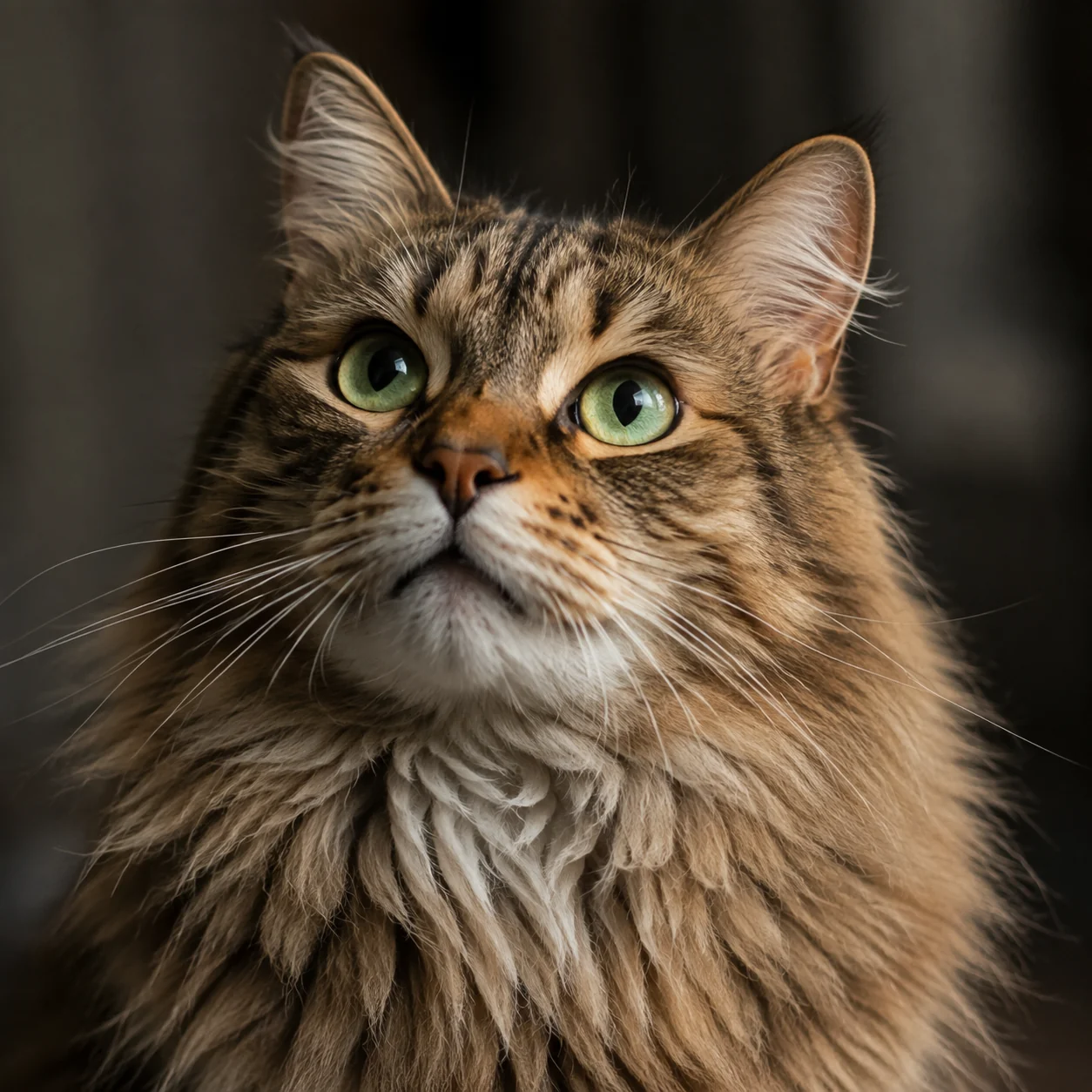 Long-haired tabby looking up