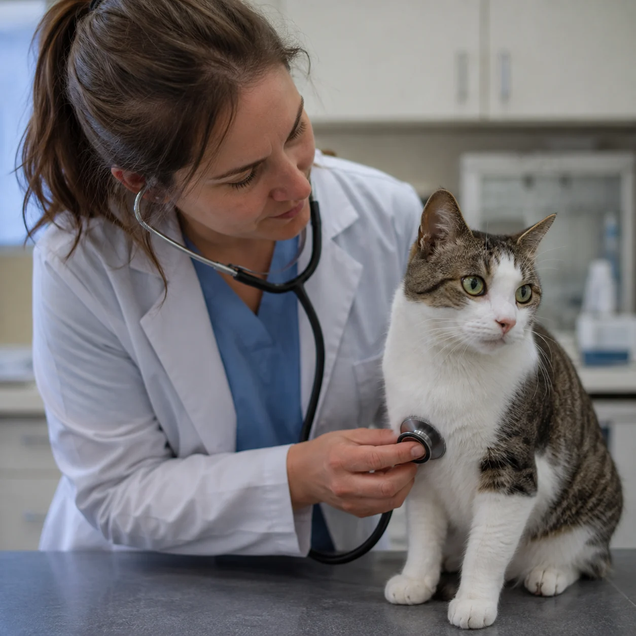 A veterinarian gently examining a cat